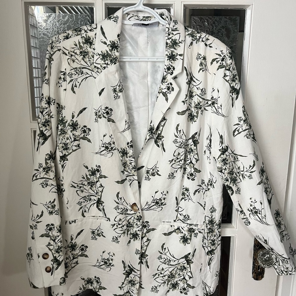 Lily Morgan Cream and Olive Blazer | Feminine Floral Print | Size Medium